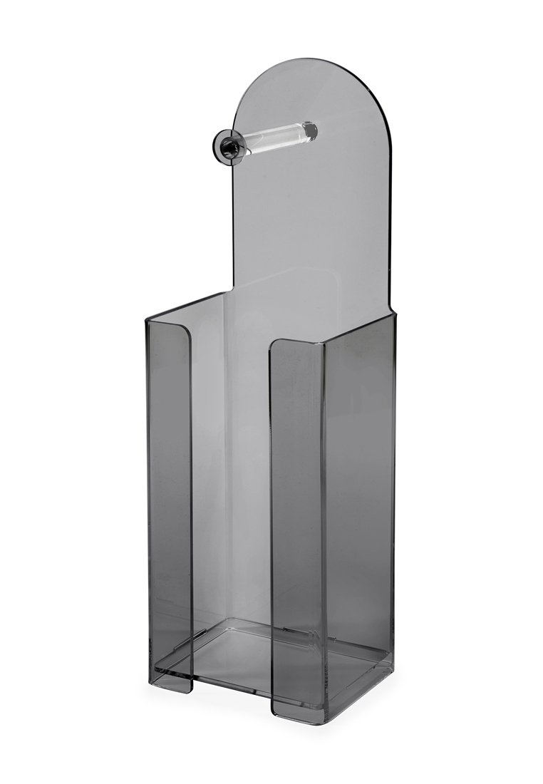 Un porte-revue en acrylique gris foncé transparent, avec un sommet arrondi, des fentes verticales et un rouleau cylindrique en haut.