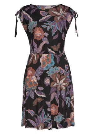 Florales Kleid aus schwarzem Stoff, mit bunten Blumen- und Blattmustern. Kurze Ärmel mit Bindebändern, elastischer Taillenbund und fließender Rock.