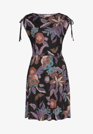 Floral dress in black fabric, featuring colorful flower and leaf patterns. Short sleeves with ties, elastic waist, and flowing skirt.