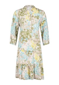 Blumenkleid in einer Mischung aus Blau, Grün, Gelb und Beige, mit Kragen, Knopfverschluss und gestuftem Saum.