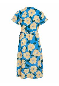 Robe midi bleue à manches courtes avec imprimé floral jaune et ceinture à la taille, vue de dos sur fond blanc.