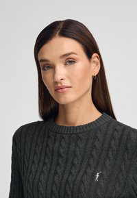 Dunkelgrauer Kabelstrickpullover mit ribbeligem Rundhalsausschnitt und kleinem, gesticktem weißen Logo auf der linken Brust. Glatte Textur.