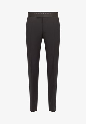 Black tailored trousers with a smooth texture, straight cut, belt loops, and front creases for a polished look.