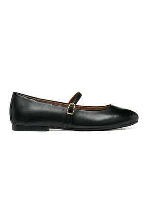 Scarpa piatta Mary Jane in pelle nera con cinturino e piccola fibbia, punta arrotondata, fotografata su sfondo bianco.