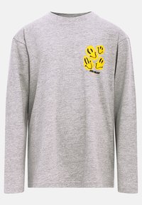 Langärmliges graues Baumwoll-T-Shirt mit einem Grafikdruck von gelben Smiley-Gesichtern und Handabdrücken auf der linken Vorderseite, rundem Halsausschnitt und lockerer Passform.