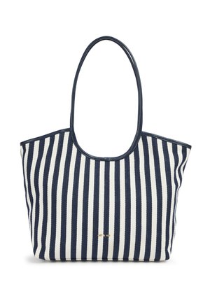 Borsa a mano a righe blu navy e crema, caratterizzata da una morbida texture intrecciata, parte superiore arrotondata e un manico a loop singolo. Presenza di un piccolo logo dorato.