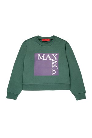 Grüner, kurz geschnittener Pullover aus weichem Material mit einem lila rechteckigen Grafikdesign, auf dem "MAX&Co." in Weiß steht. Gerippter Halsausschnitt und Bündchen.