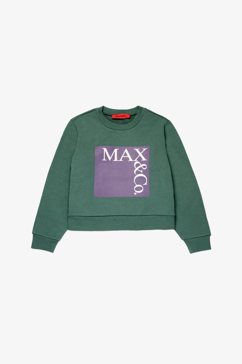 Felpa verde corta realizzata in tessuto morbido, caratterizzata da una grafica rettangolare viola con "MAX&Co." in bianco. Collo e polsini a coste.
