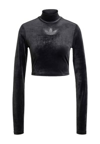 Svart sammet cropped turtleneck med långa ärmar, med en silver Adidas-logotyp på bröstet. Mjuk textur och figursydd design.