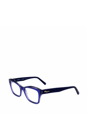 Occhiali rettangolari blu navy con montatura e aste trasparenti, con piccolo logo Ferragamo dorato sulla stanghetta.