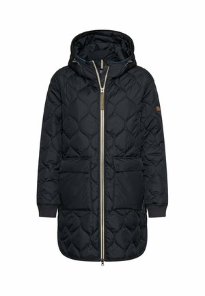 Veste d'hiver noire longue matelassée avec capuche, fermeture éclair frontale, deux poches à rabat et poignets côtelés aux manches.