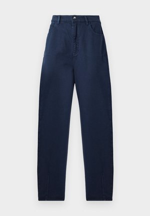Hochtaillierte, marineblaue Hose mit geradem Schnitt, aus glattem Stoff, mit einer Frontknopfverschluss, Gürtelschlaufen und zwei seitlichen Taschen.