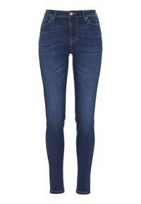 Slim jeans i mörkblå denim med en slät textur. Klassisk femfickdesign, metallknappstängning och kontrasterande sömdetaljer.