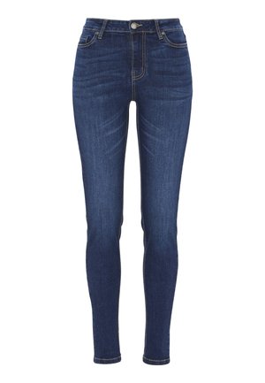 Schlanke Jeans aus dunkelblauem Denim mit einer glatten Textur. Klassisches Fünf-Taschen-Design, Metallknopfverschluss und kontrastierende Nähte.