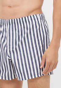 Shorts de bain rayés en bleu marine et blanc, avec une taille élastique, un tissu léger et une coupe décontractée.