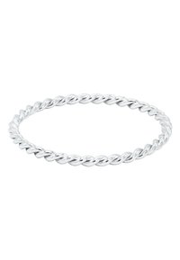 Silberner, gedrehter Armreif mit einer glatten, glänzenden Oberfläche. Das Design umfasst gleichmäßig verteilte Spiraldrehungen über die gesamte Länge.