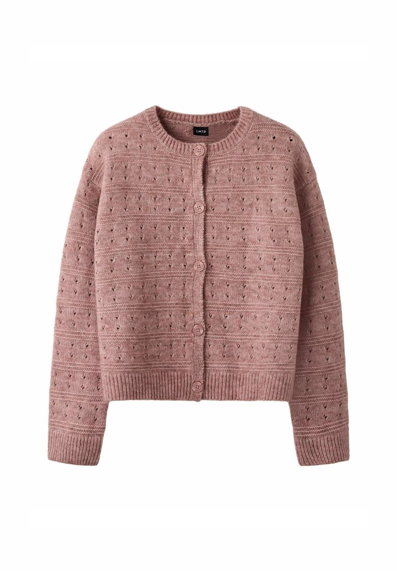 Cardigan lavorato a maglia in rosa polveroso con scollatura rotonda, chiusura con bottoni e motivo testurizzato che presenta piccoli fori e righe.