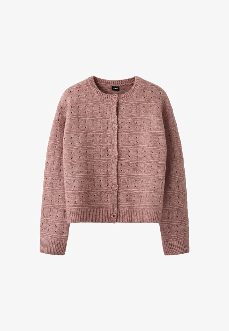 Cardigan lavorato a maglia in rosa polveroso con scollatura rotonda, chiusura con bottoni e motivo testurizzato che presenta piccoli fori e righe.