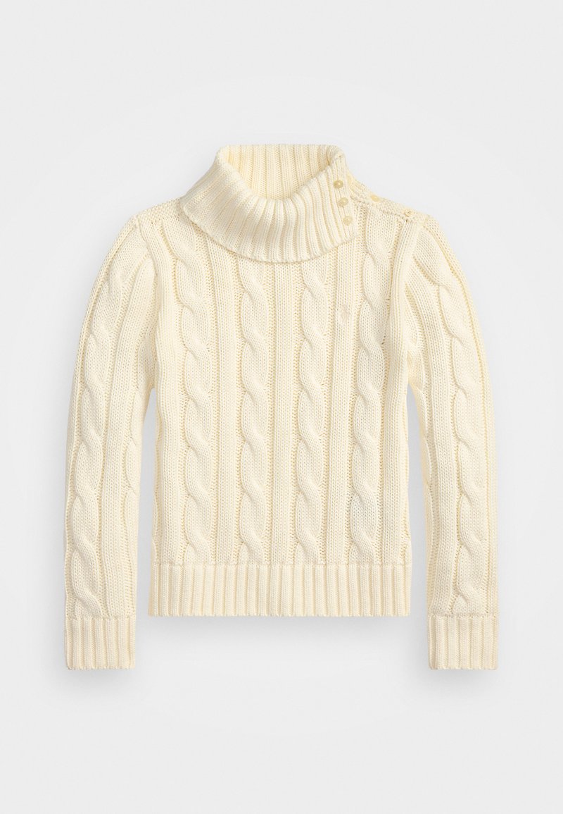 Suéter de ponto canelado na cor creme, com um colarinho alto e dobrado, apresentando quatro botões no ombro e punhos e barra canelados.