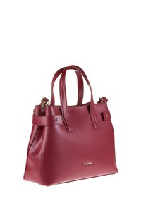 Borsa a mano in pelle rossa con manici doppi, design strutturato, finitura elegante, dettaglio in oro prominente e tracolla staccabile.
