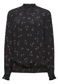 Schwarze Bluse mit gerafftem hohen Kragen und langen Ärmeln, die mit einem floralen Muster in Pink und Blaugrün verziert ist. Gummizugsaum und elastische Ärmelabschlüsse.