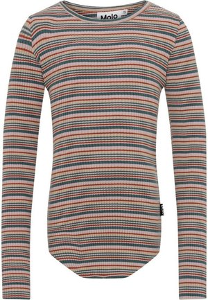 Striped long-sleeve top in ribbed fabric, featuring pastel colors of pink, blue, and orange. Rounded neckline and curved hem detail.