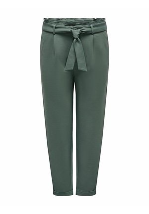 Grønne, smalle bukser med et stofbælte, elastisk talje og sidelommer. Glat tekstur med en afslappet pasform og opbukket kant.