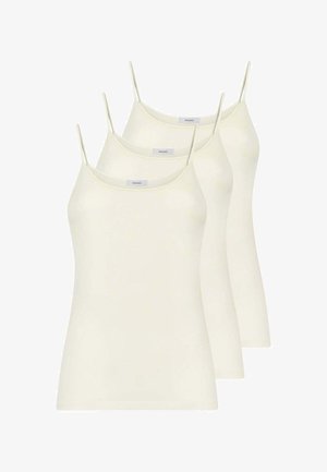 Tre canottiere color crema chiaro con spalline sottili regolabili, realizzate in morbido tessuto misto cotone, caratterizzate da un design semplice e senza cuciture.