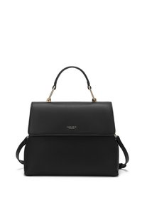 Black leather handbag with a structured design, featuring a top handle and adjustable shoulder strap. Gold hardware and logo detail on front.