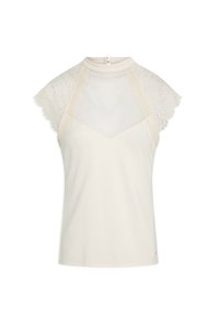 Cremefarvet top med høj hals, blondeærmer og tekstureret overdel. Har en lynlås bagpå og dekorativ blondestrimling.