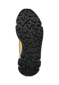 Suola della scarpa con un motivo di battistrada triangolare nero progettato per la trazione, porzione visibile della tomaia blu e beige.