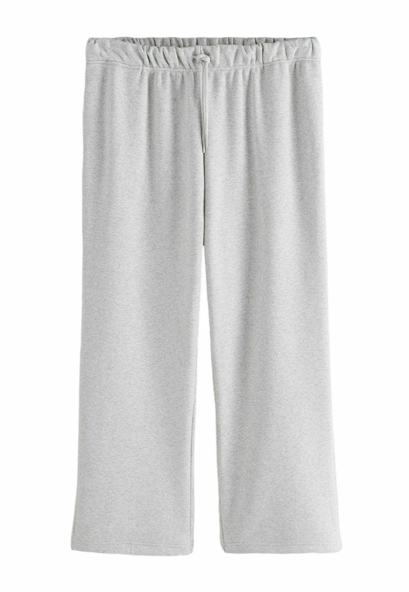 Light grey wide-leg sweatpants with elastic waistband and adjustable drawstring, made from soft cotton-blend fabric.