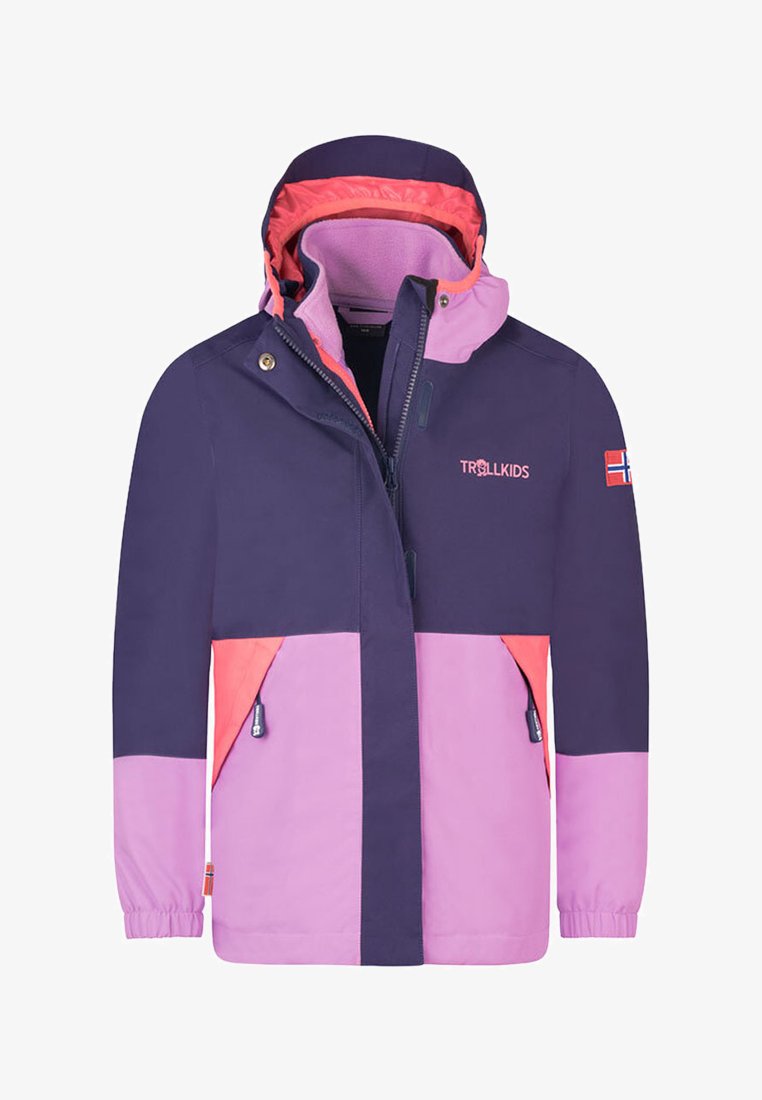 Purple and pink waterproof jacket featuring a zippered front, adjustable hood, and logo. Includes two side pockets and elastic cuffs.