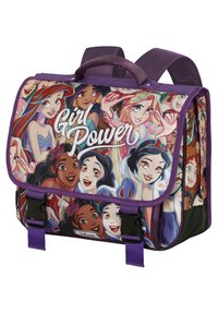 Sac à bandoulière violet avec un rabat arborant un graphique "Girl Power" et des impressions de divers personnages animés. Contient deux boucles à l'avant.