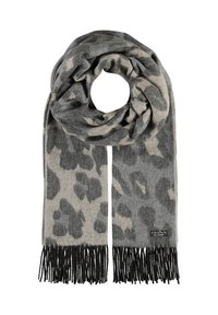 Écharpe à imprimé léopard gris et beige avec des franges noires, bouclée, montrant l'étiquette de la marque en bas à droite.