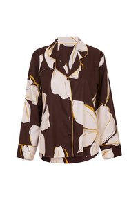Camisa floral marrón con acentos en blanco y amarillo. Presenta un cuello con solapa, cierre de botones y un corte holgado con mangas largas.