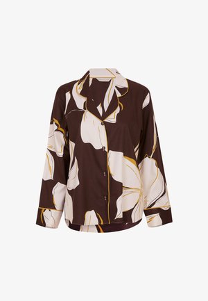 Bruine bloemenshirt met witte en gele accenten. Beschikt over een kraag, knopenlijst aan de voorkant en een relaxte pasvorm met lange mouwen.
