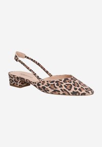 Leopardmuster Slingback-Schuhe aus weichem Stoff, mit spitzem Zehenbereich, niedrigem Blockabsatz und doppelten Riemen für sicheren Halt.
