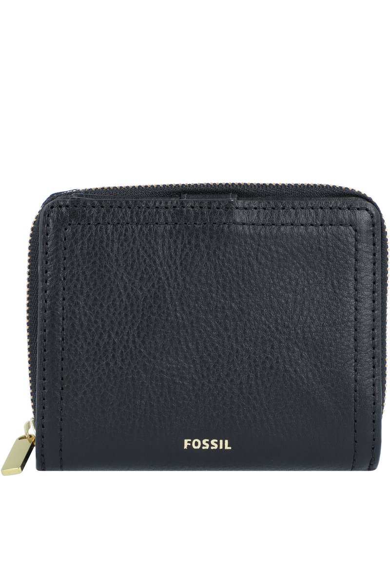 Portefeuille en cuir noir avec une surface texturée, fermeture éclair, quincaillerie dorée et logo "FOSSIL" embossé à l'avant.