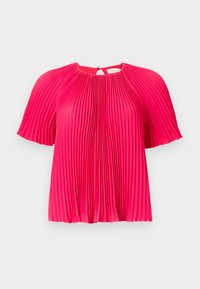 Fuchsia-farbene Plisseetop mit kurzen Flatterärmeln, rundem Ausschnitt und einem Ausschnitt-verschluss im Rücken. Aus leichtem Stoff gefertigt.