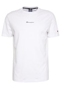 Hvid bomulds t-shirt med rund hals, der har et lille sort "Champion" logo på brystet og et logo accent på ærmet.