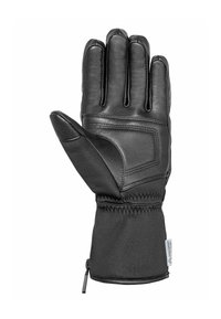 Schwarze Lederhandschuh mit langem Bündchen, elastischem Handgelenk und textilem Daumen. Mit Kontrastnähten und einem Reißverschluss am Bündchen.