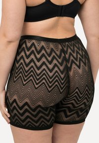 Zwarte mesh shorts met een zigzagpatroon, voorzien van een soepele tailleband en een aansluitend ontwerp. De stof is lichtgewicht en semi-transparant.