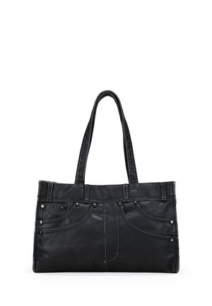 Bolso de cuero negro con doble asa, costuras decorativas y detalles de remaches metálicos, de forma rectangular, sobre fondo blanco.