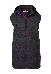 Chaleco negro acolchado con capucha, que presenta acentos en rosa, un cierre frontal y un patrón texturizado de estrellas y remolinos.