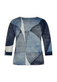 Langärmliges Oberteil mit geometrischem Muster in Blau- und Weißtönen, aus weichem Stoff mit rundem Ausschnitt und genähten Details.