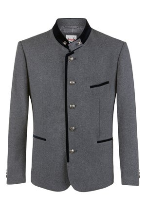 Graue Wolljacke mit Hohem Kragen, samtartigen Akzenten und silbernen Knöpfen. Verfügt über zwei Fronttaschen und aufwendige Knopfdetails.