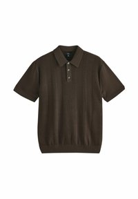 Bruine polo met korte mouwen, gemaakt van ribbelstof, met een sluiting van drie knopen en een getailleerde zoom. Kenmerkt zich door verticale strepen voor extra detail.