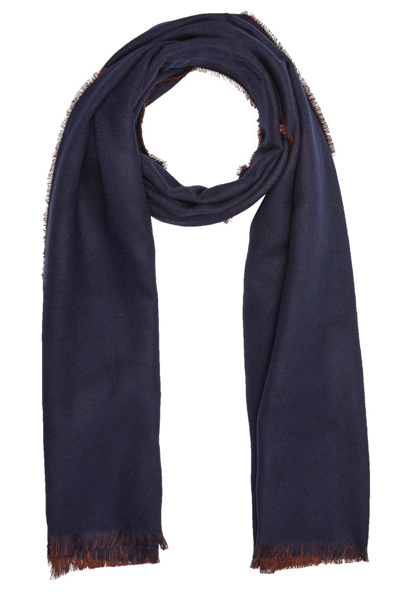 Écharpe bleu marine en matière douce avec un motif chevron, présentant des bords frangés de couleur brun foncé.