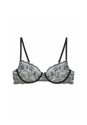 Schwarzer Spitzen-BH mit floralen Mustern, gewellten Kanten und dünnen verstellbaren Trägern. Strukturierter Schnitt mit Bügel für Unterstützung.